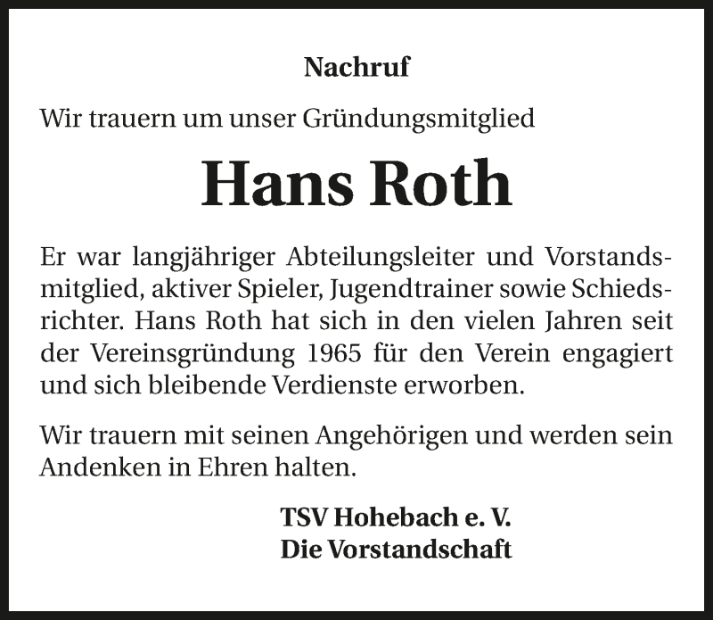  Traueranzeige für Hans Roth vom 11.05.2016 aus 