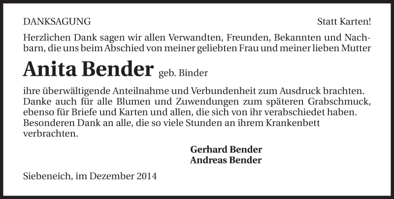  Traueranzeige für Anita Bender vom 19.12.2014 aus 