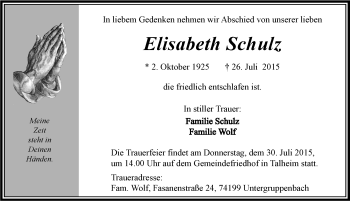 Traueranzeige von Elisabeth Schulz 