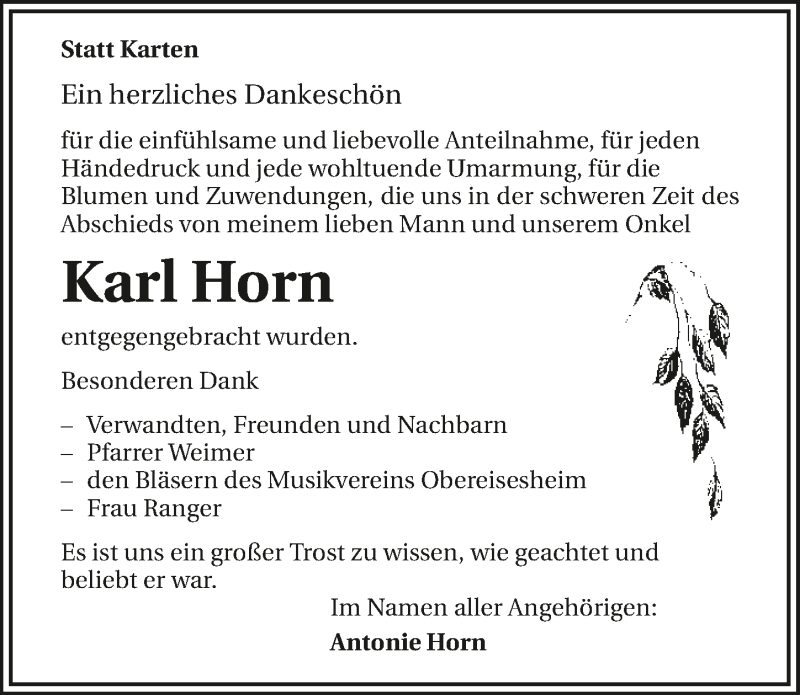  Traueranzeige für Karl Horn vom 16.12.2015 aus 