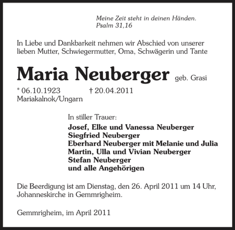  Traueranzeige für Maria Neuberger vom 23.04.2011 aus 