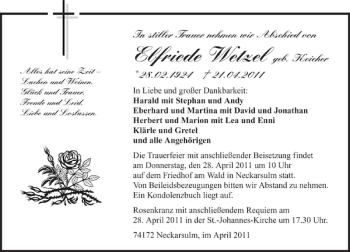 Traueranzeige von Elfriede Wetzel 