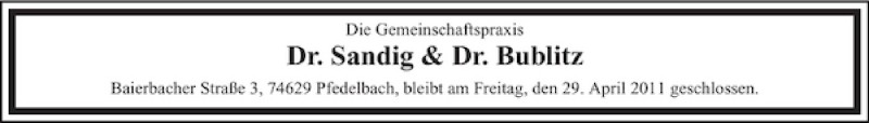  Traueranzeige für Dr. Sandig Dr. Bublitz vom 27.04.2011 aus 