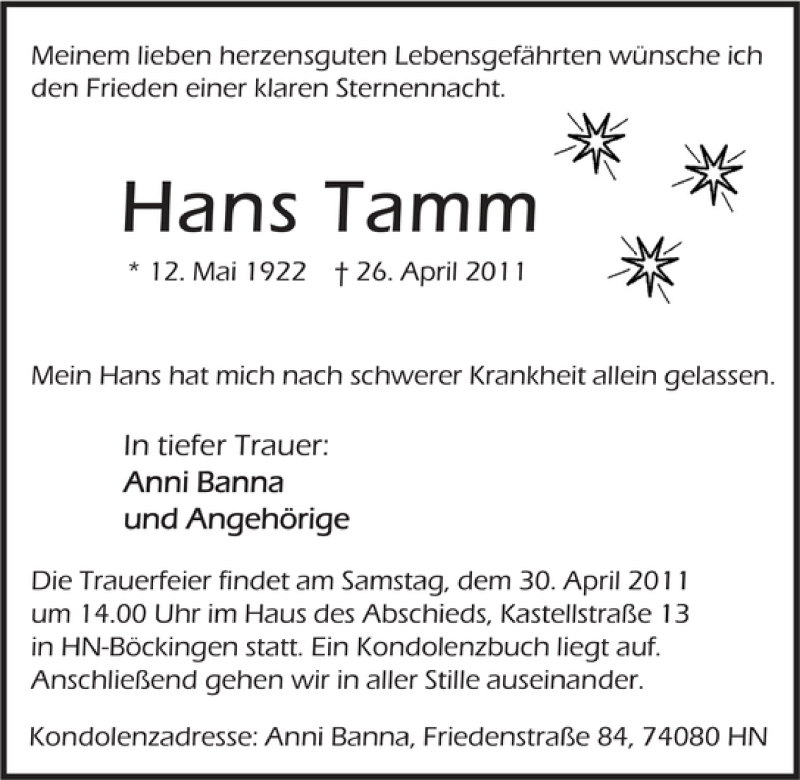 Traueranzeige für Hans Tamm vom 28.04.2011 aus 