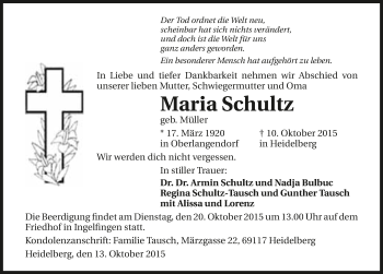 Traueranzeige von Maria Schultz 