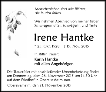 Traueranzeige von Irene Hantke 