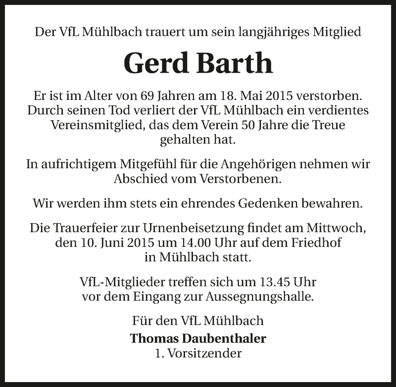  Traueranzeige für Gerd Barth vom 28.05.2015 aus 
