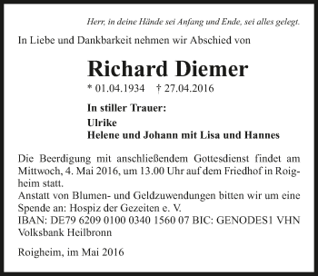 Traueranzeige von Richard Diemer 