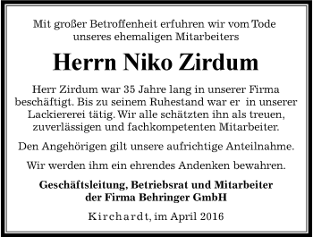 Traueranzeige von Niko Zirdum 