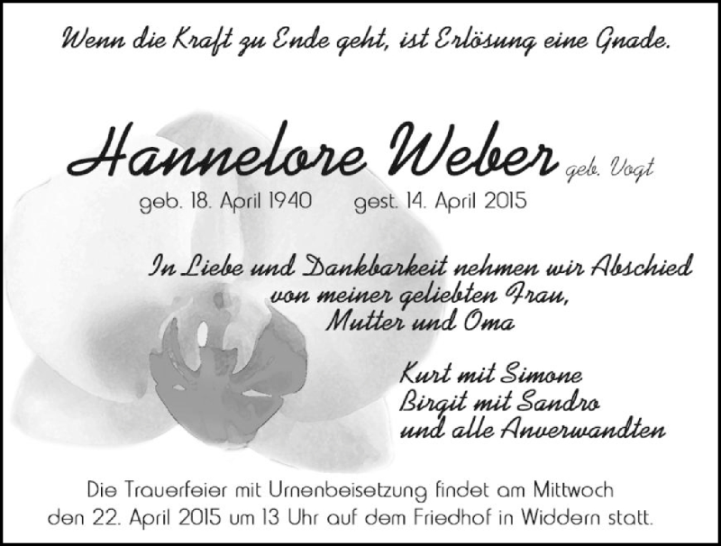 Traueranzeige für Hannelore Weber vom 20.04.2015 aus 
