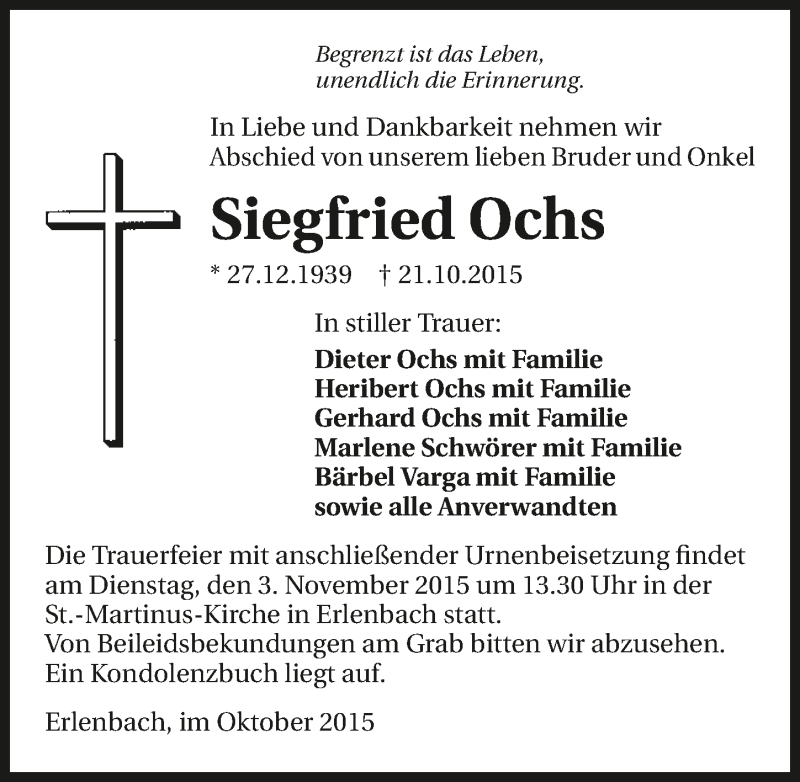 Traueranzeige für Siegfried Ochs vom 31.10.2015 aus 
