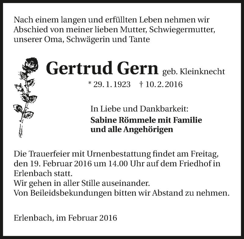  Traueranzeige für Gertrud Gern vom 17.02.2016 aus 