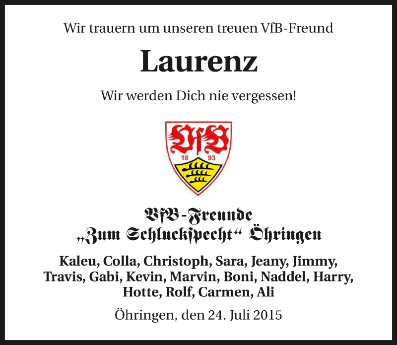  Traueranzeige für Laurenz Czak vom 24.07.2015 aus 