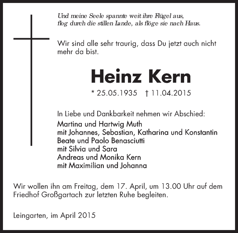  Traueranzeige für Heinz Kern vom 14.04.2015 aus 