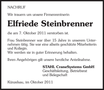 Traueranzeige von Elfriede Steinbrenner 