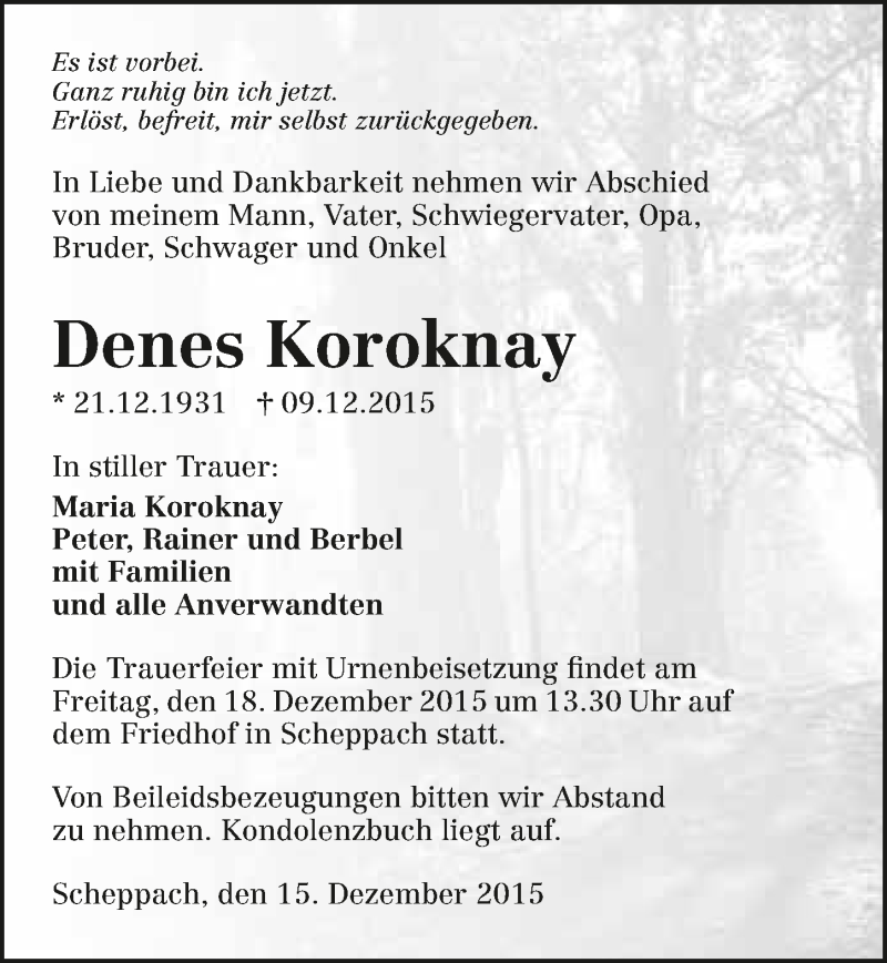  Traueranzeige für Denes Koroknay vom 15.12.2015 aus 
