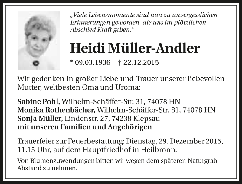  Traueranzeige für Heidi Müller-Andler vom 24.12.2015 aus 