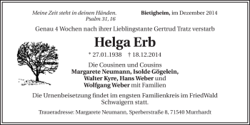 Traueranzeige von Helga Erb 