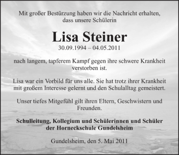 Traueranzeige von Lisa Steiner 