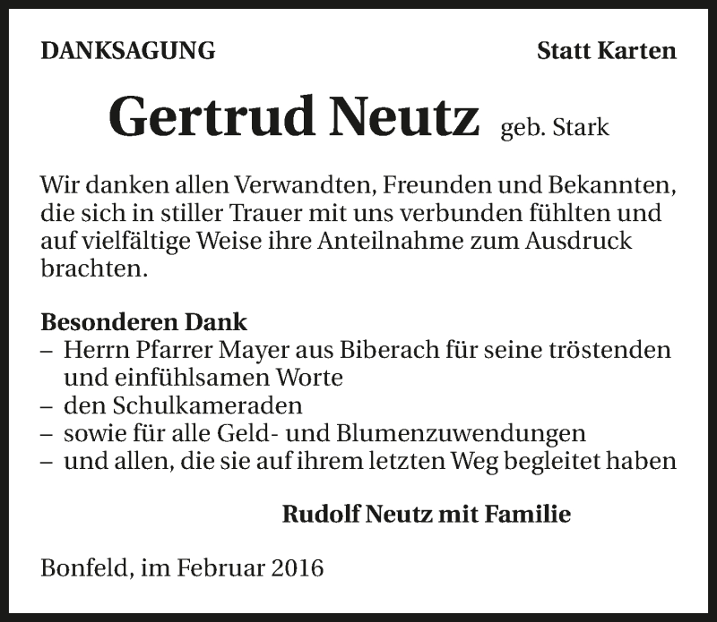  Traueranzeige für Gertrud Neutz vom 27.02.2016 aus 