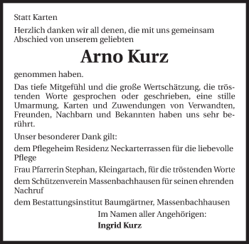 Traueranzeige von Arno Kurz 