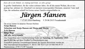 Traueranzeige von Jürgen Hansen 