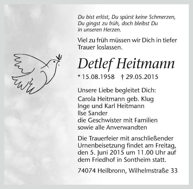  Traueranzeige für Detlef Heitmann vom 01.06.2015 aus 
