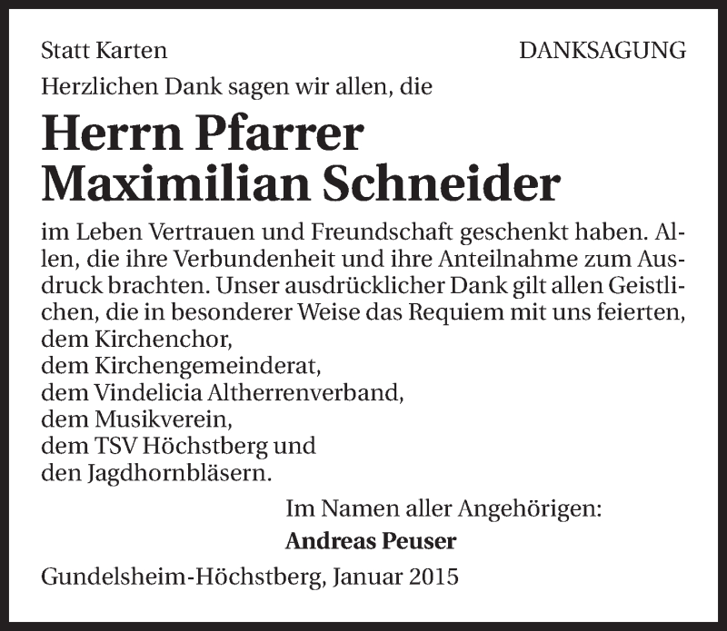  Traueranzeige für Maximilian Schneider vom 17.01.2015 aus 