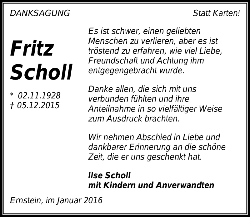  Traueranzeige für Fritz Scholl vom 02.01.2016 aus 