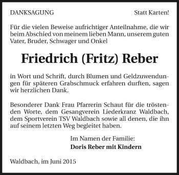 Traueranzeige von Friedrich Reber 