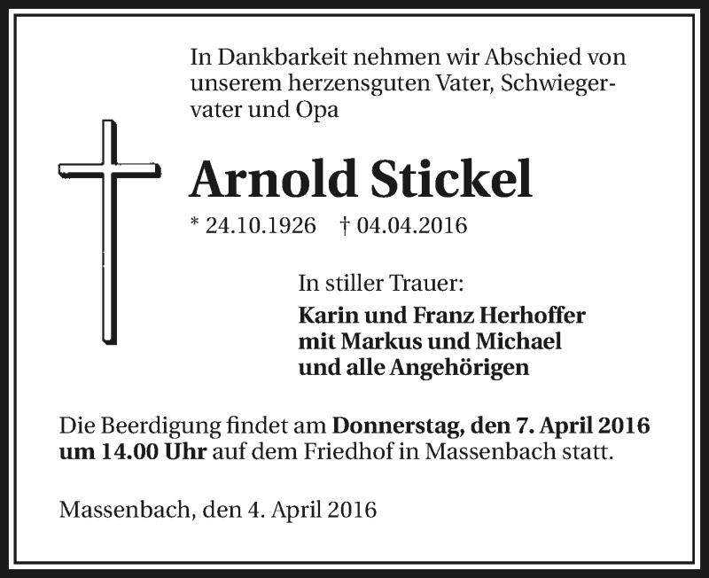  Traueranzeige für Arnold Stickel vom 06.04.2016 aus 