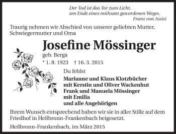 Traueranzeige von Josefine Mössinger 