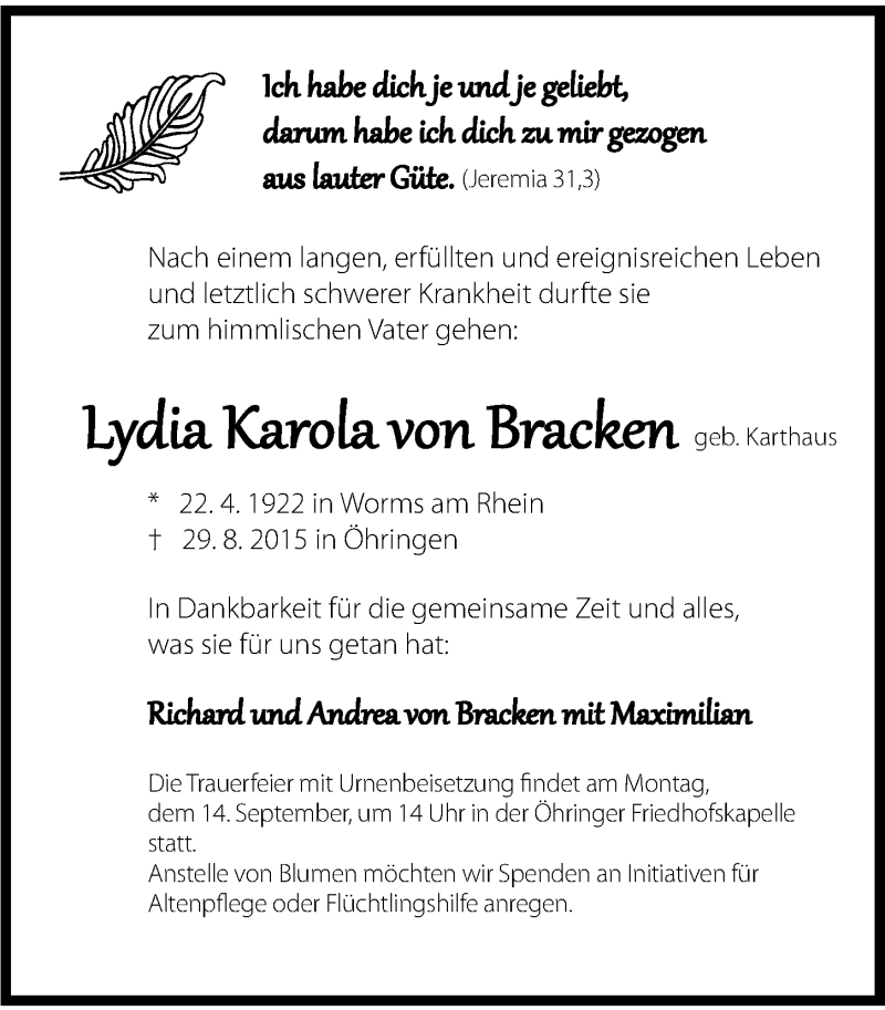  Traueranzeige für Lydia Karola von Bracken vom 07.09.2015 aus 