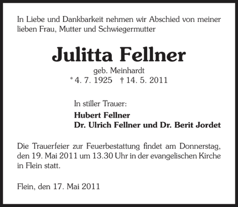  Traueranzeige für Julitta Fellner vom 17.05.2011 aus 