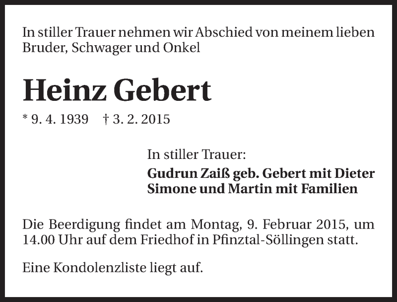  Traueranzeige für Heinz Gebert vom 07.02.2015 aus 