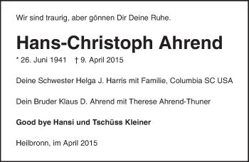Traueranzeige von Hans-Christoph Ahrend 