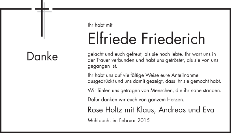  Traueranzeige für Elfriede Friederich vom 04.02.2015 aus 