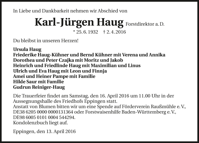  Traueranzeige für Karl-Jürgen Haug vom 14.04.2016 aus 