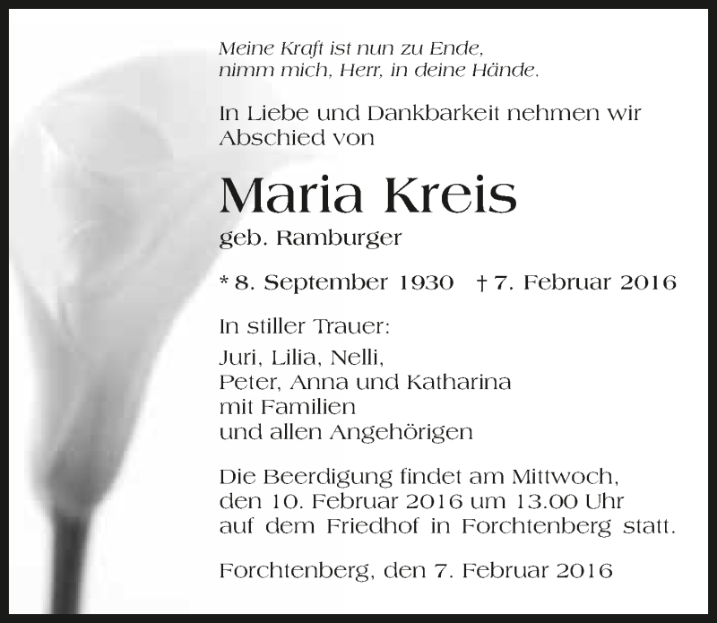  Traueranzeige für Maria Kreis vom 09.02.2016 aus 
