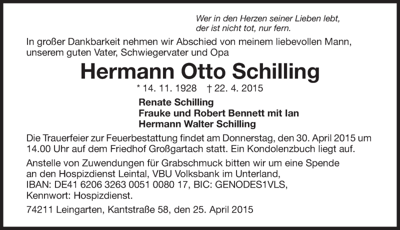  Traueranzeige für Hermann Otto Schilling vom 25.04.2015 aus 