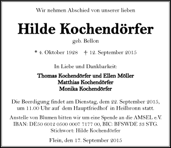 Traueranzeige von Hilde Kochendörfer 