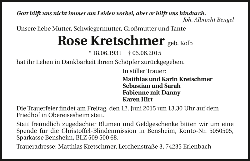  Traueranzeige für Rose Kretschmer vom 10.06.2015 aus 