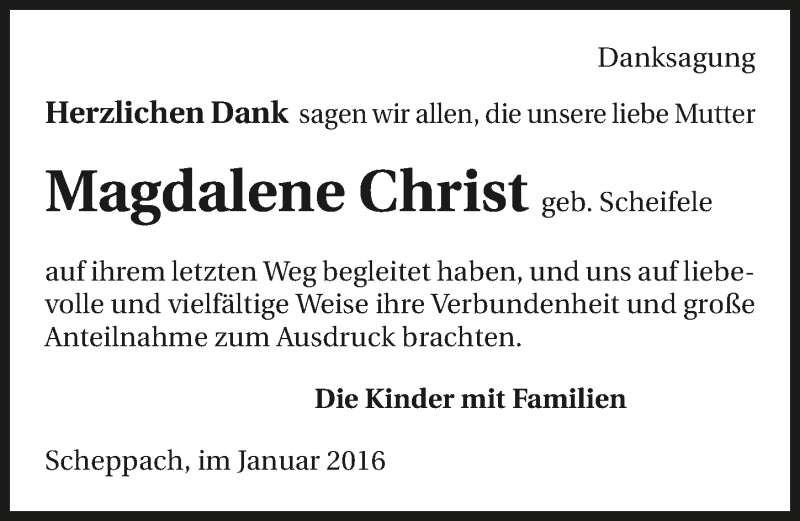  Traueranzeige für Magdalene Christ vom 30.01.2016 aus 