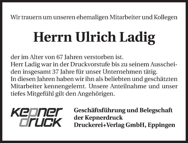 Traueranzeige für Ulrich Ladig vom 22.04.2015 aus 