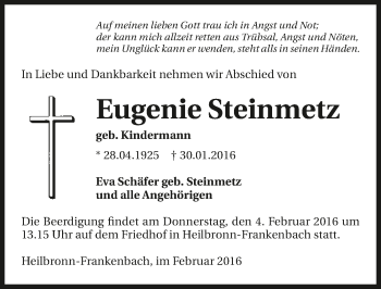 Traueranzeige von Eugenie Steinmetz 