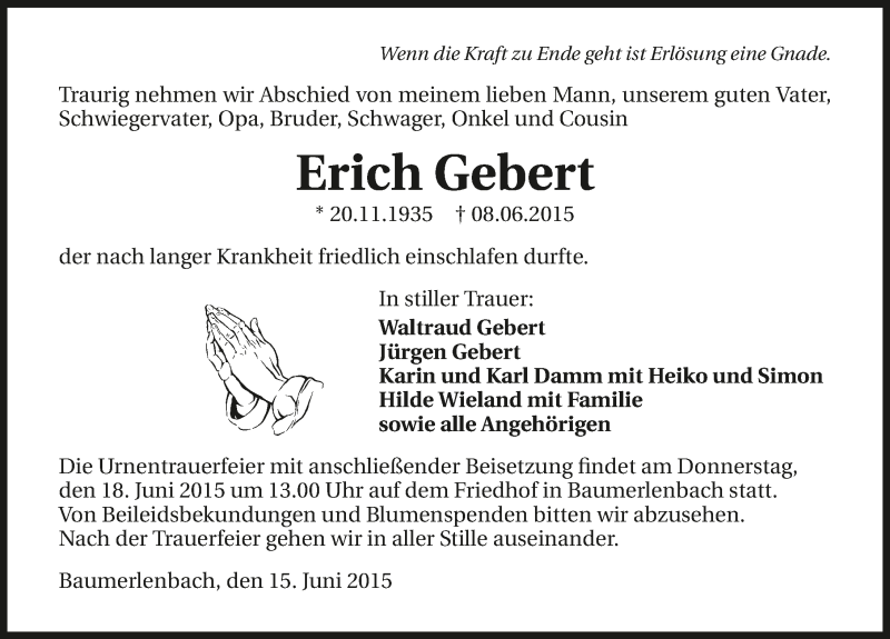  Traueranzeige für Erich Gebert vom 15.06.2015 aus 