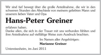 Traueranzeige von Hans-Peter Greiner 