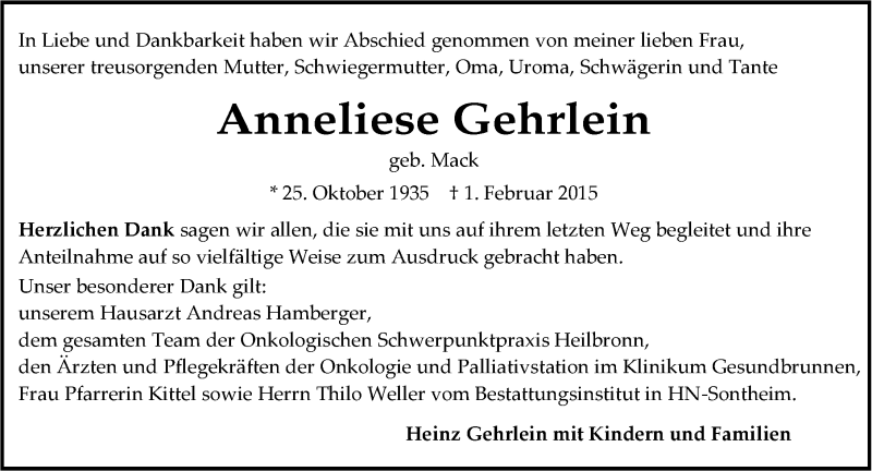  Traueranzeige für Anneliese Gehrlein vom 14.02.2015 aus 
