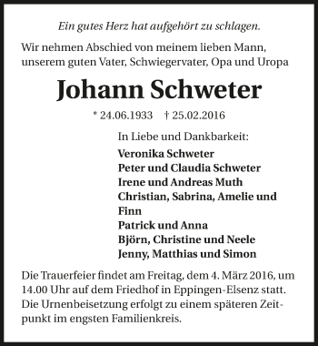 Traueranzeige von Johann Schweter 