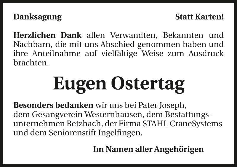  Traueranzeige für Eugen Ostertag vom 27.02.2016 aus 